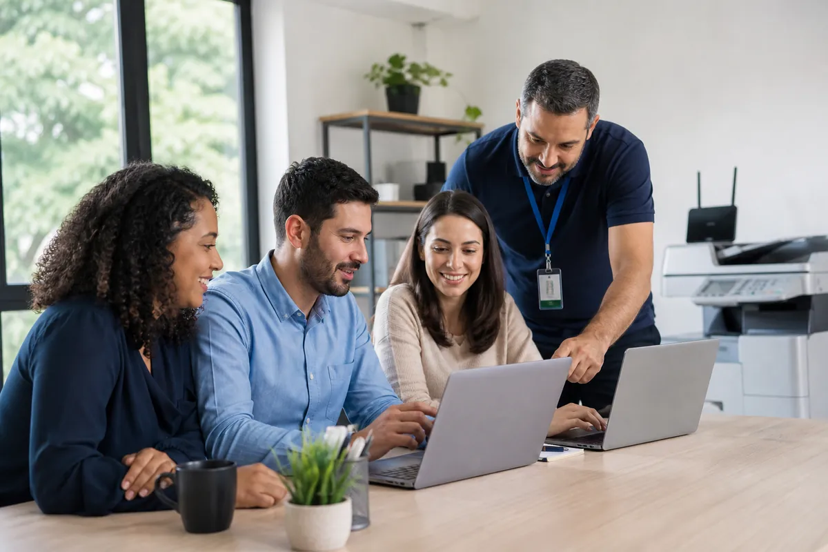 Equipe de uma pequena empresa recebendo suporte de TI